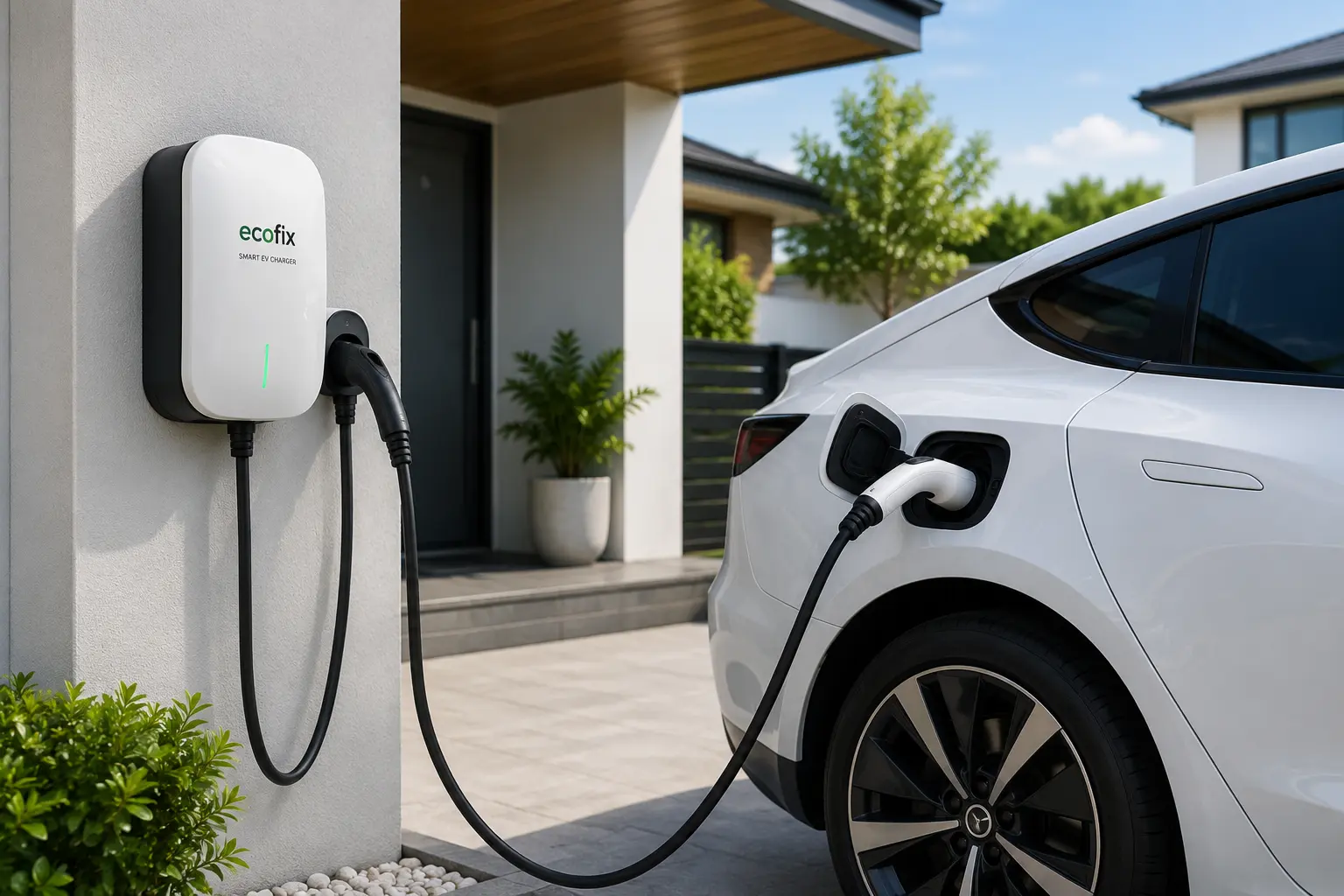 Electric vehicle connected to a wall-mounted EV charger