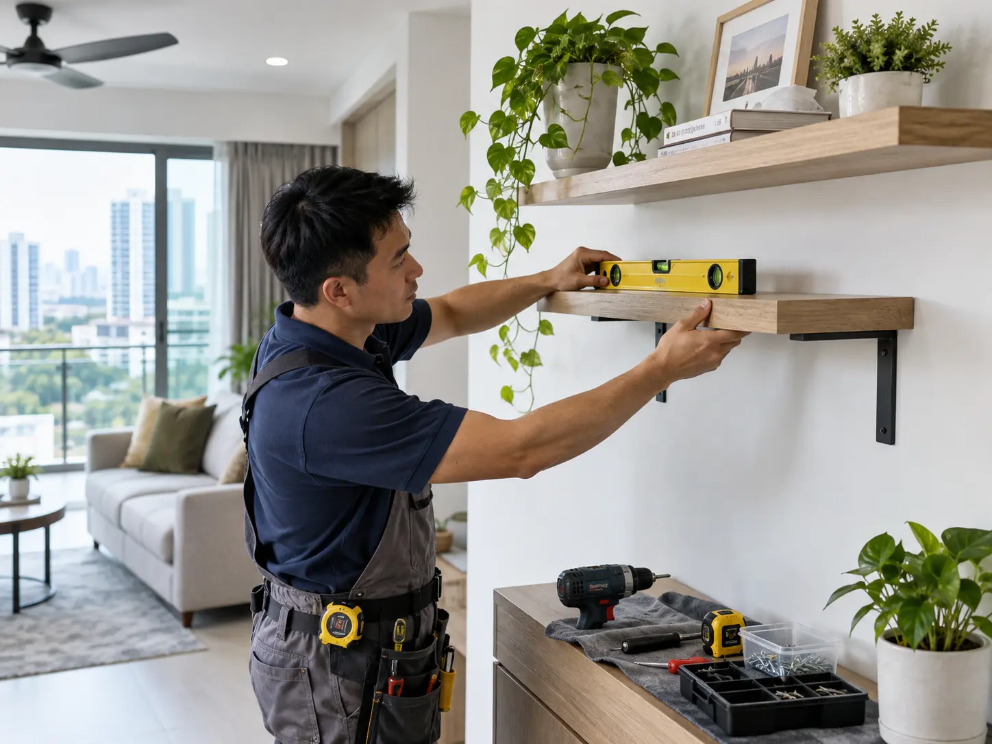 Wall shelf installation by EcoFix handyman in Singapore