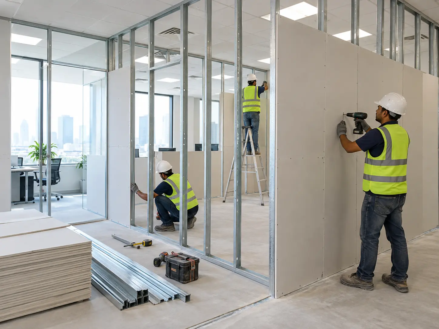 Office gypsum board partition installation by EcoFix Singapore