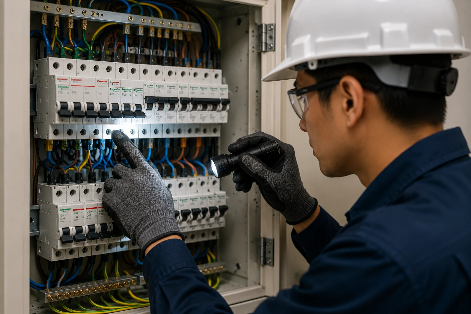 Electrician troubleshooting a power trip in Singapore